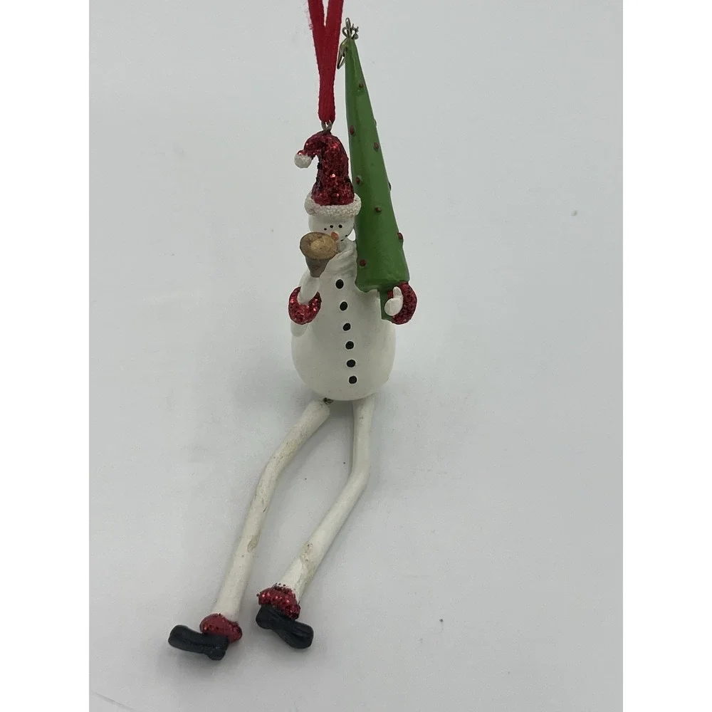 Dancing Snowman Ornament Holding Christmas Tree & Bell Red Glitter 8